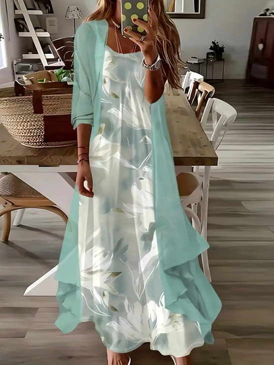 Damen Geblümt Rundhals Dreiviertelärmel Bequem Lässig Print Kleid mit Mantel Zweiteiliges Set