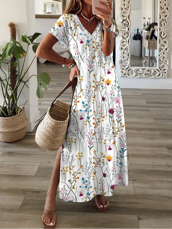 Damen Geblümt V-Ausschnitt Kurzarm Bequem Lässig Print Maxikleid
