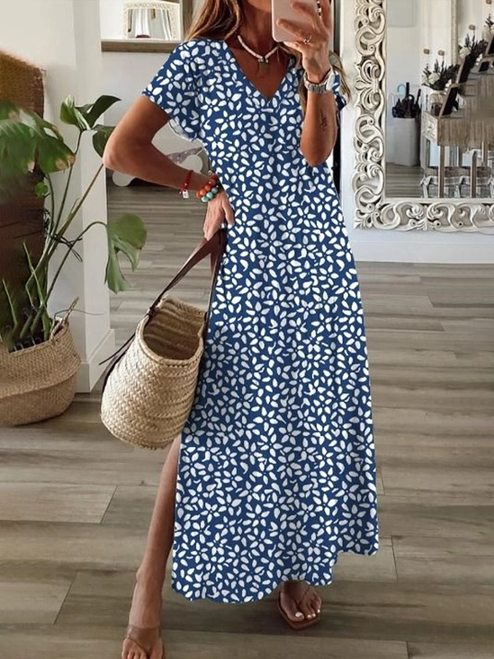 Damen Geblümt V-Ausschnitt Kurzarm Bequem Lässig Print Maxikleid