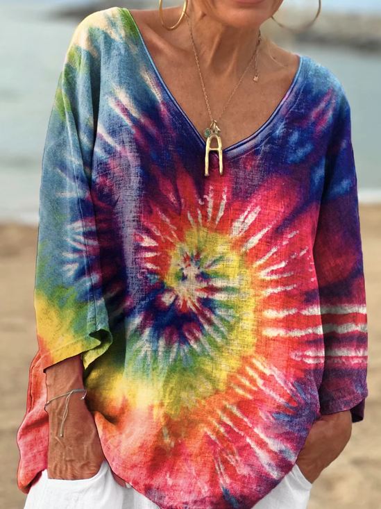 Lässig Batik V-Ausschnitt Langarm T-Shirt
