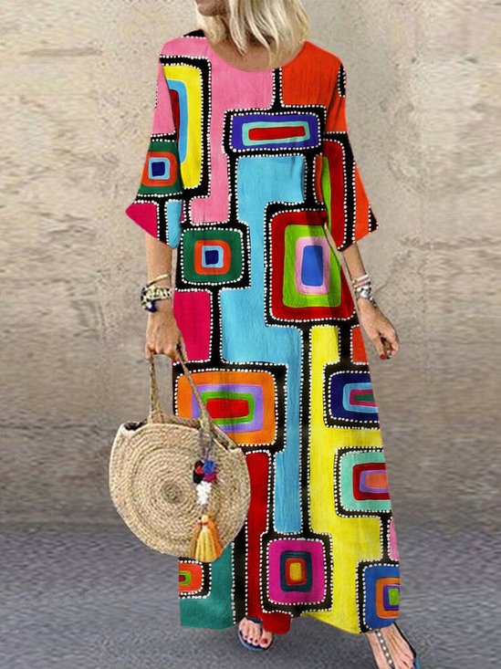 Damen Geometrisch Rundhals Kurzarm Bequem Retro Maxikleid