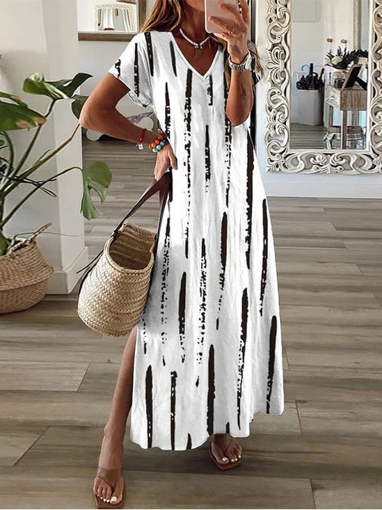 Damen Gestreift V-Ausschnitt Kurzarm Bequem Lässig Print Maxikleid