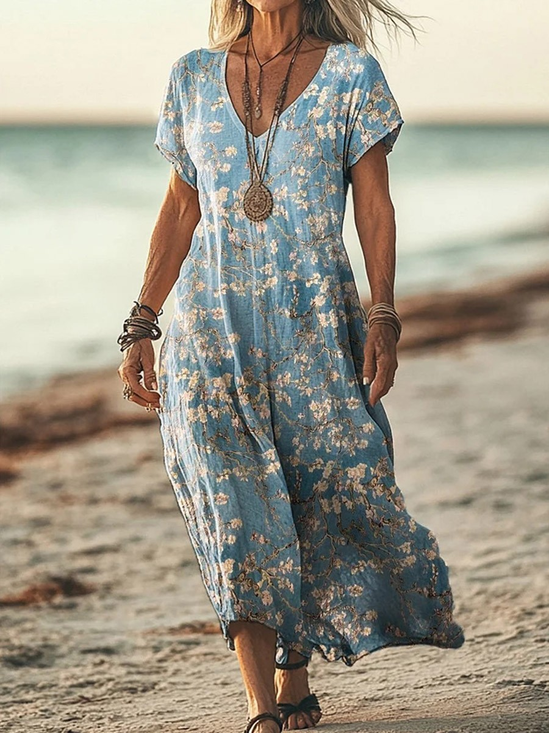 Damen Geblümt V-Ausschnitt Kurzarm Bequem Retro Maxikleid