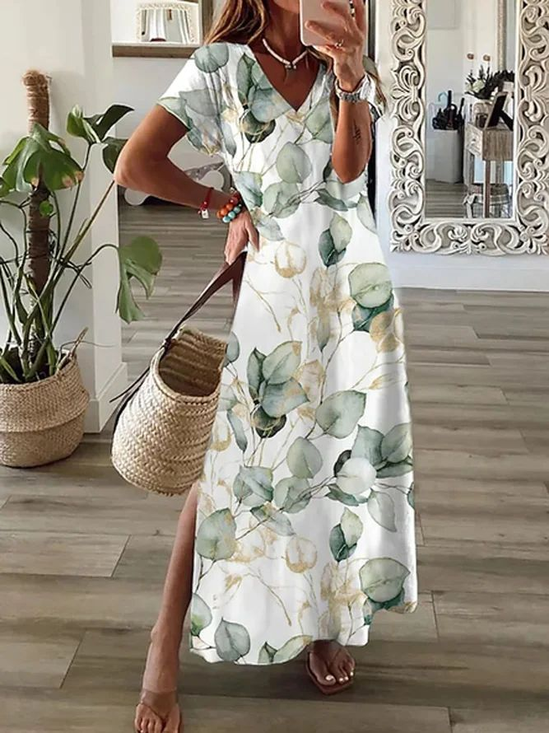 Damen Geblümt V-Ausschnitt Kurzarm Bequem Lässig Print Maxikleid