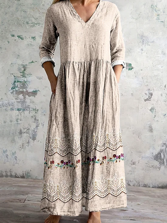 Damen Geblümt V-Ausschnitt Langarm Bequem Lässig Maxikleid