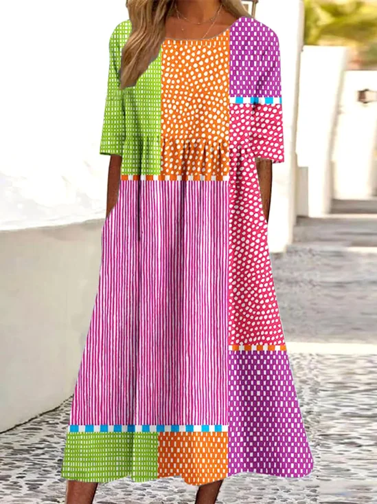 Damen Gestreift Rundhals Halbarm Bequem Lässig Maxikleid
