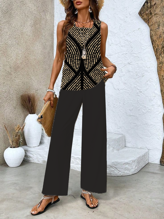 Damen Geometrisch Rundhals Ärmellos Bequem Lässig Print Bluse mit Hose Zweiteiliges Set