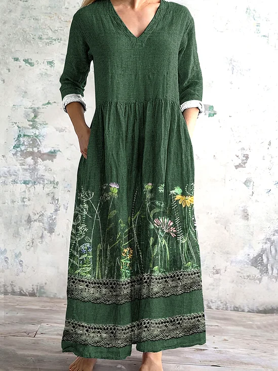 Damen Geblümt V-Ausschnitt Langarm Bequem Lässig Maxikleid
