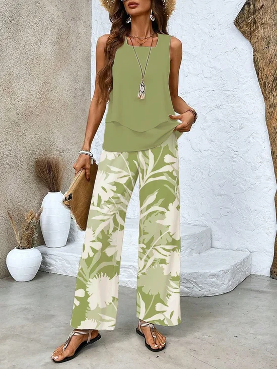 Damen Geblümt Rundhals Ärmellos Bequem Lässig Print Bluse mit Hose Zweiteiliges Set