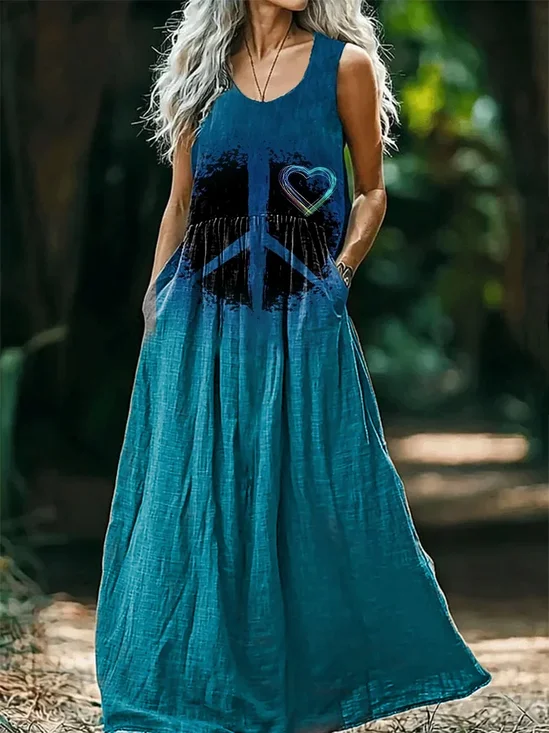 Damen Hippie Rundhals Ärmellos Bequem Lässig Print Maxikleid