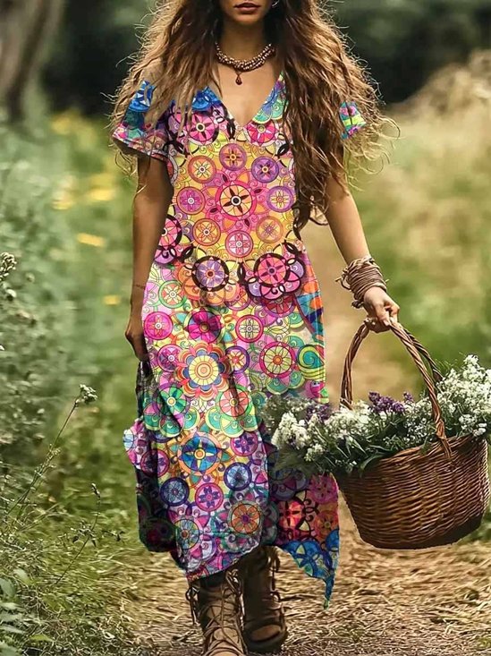 Damen Geometrisch V-Ausschnitt Kurzarm Bequem Lässig Maxikleid