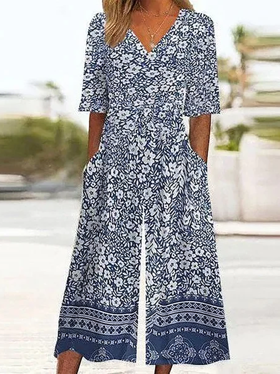 Damen Halbarm V-Ausschnitt Regelmäßige Passform Knöchelhose Print Täglich Lässig Geblümt Normal Jumpsuit