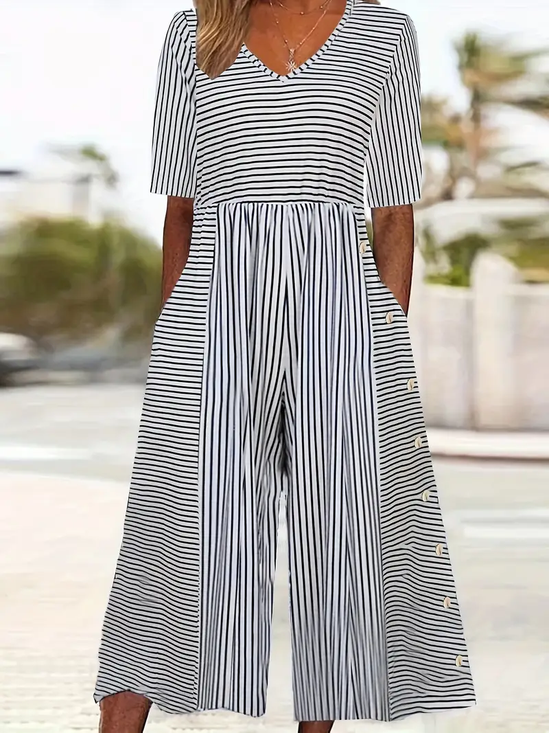 Damen Halbarm V-Ausschnitt Regelmäßige Passform Knöchelhose Print Täglich Lässig Gestreift Normal Jumpsuit