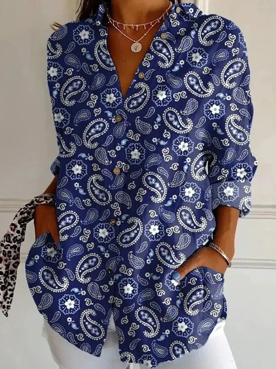 Hemdkragen Langarm Paisley Regelmäßig Mikroelastizität Regelmäßige Passform Bluse für Damen