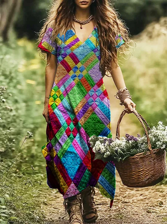 Damen Geometrisch V-Ausschnitt Kurzarm Bequem Lässig Maxikleid