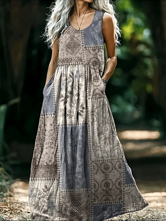 Damen Geometrisch Rundhals Ärmellos Bequem Lässig Maxikleid