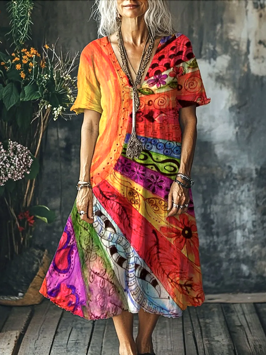 Damen Geometrisch V-Ausschnitt Kurzarm Bequem Lässig Maxikleid