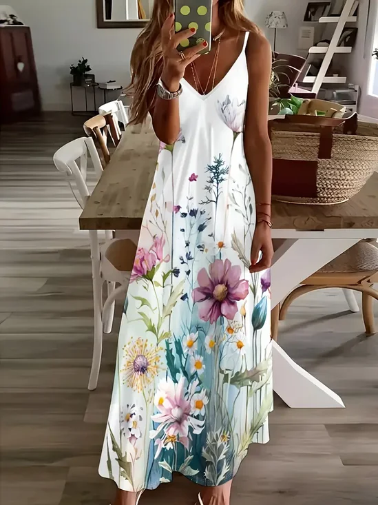 Damen Geblümt V-Ausschnitt Ärmellos Bequem Lässig Print Maxikleid