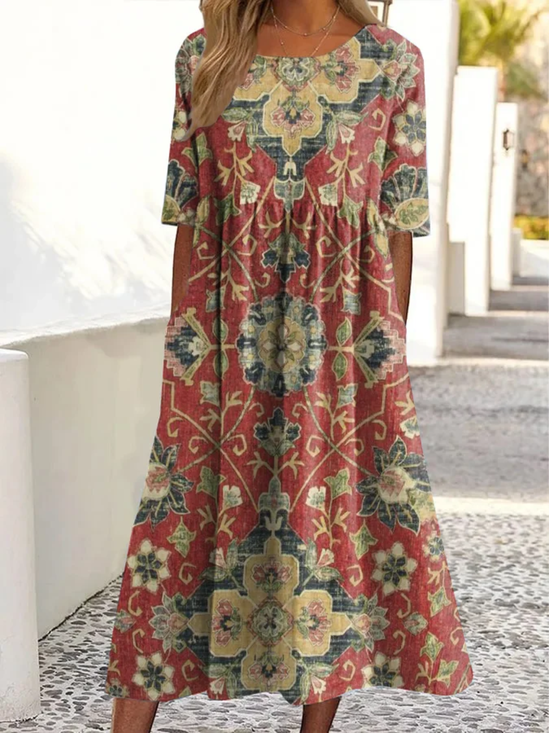 Damen Geblümt Rundhals Kurzarm Bequem Lässig Maxikleid