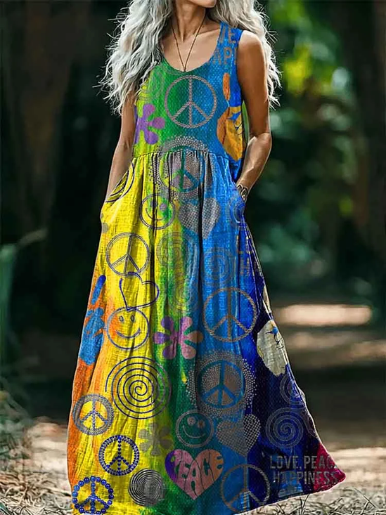 Damen Geometrisch V-Ausschnitt Ärmellos Bequem Retro Maxikleid