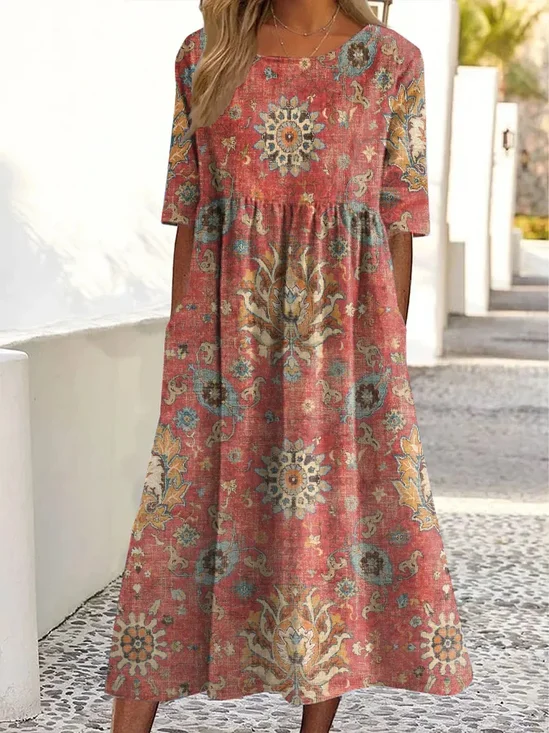 Damen Geblümt Sommer Print Kleid Rundhals Kurzarm Etuikleid H-Linie Kleid