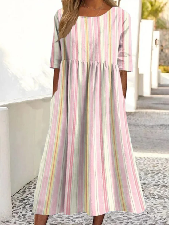 Damen Gestreift Rundhals Kurzarm Bequem Lässig Maxikleid