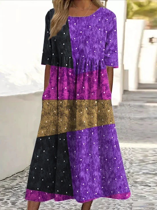 Damen Geometrisch Rundhals Kurzarm Bequem Lässig Maxikleid