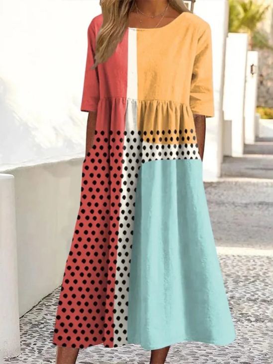 Damen Farbblock Rundhals Kurzarm Bequem Lässig Maxikleid