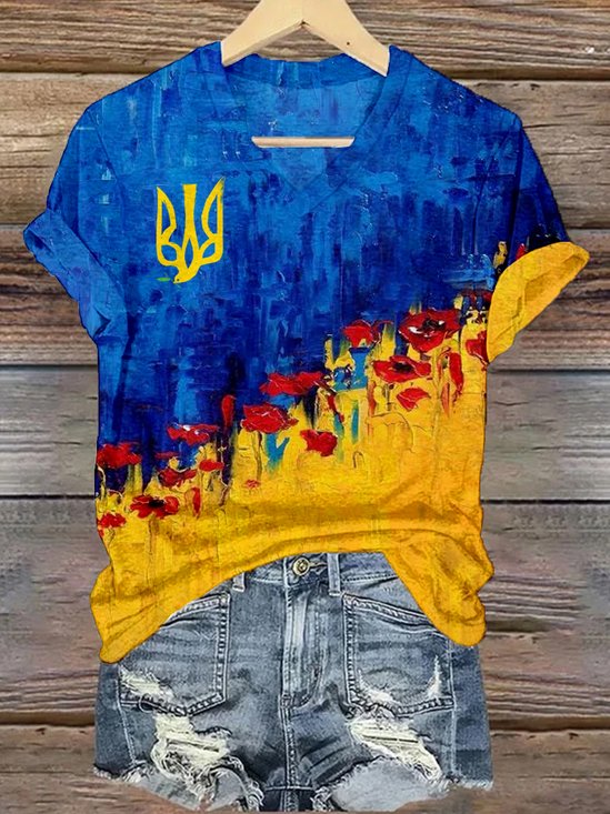 Lässig Geblümt V-Ausschnitt Kurzarm T-Shirt