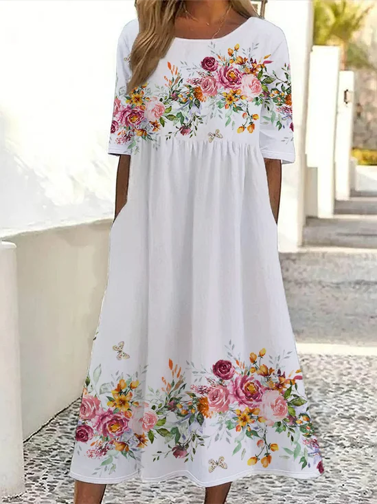 Damen Geblümt Sommer Print Kleid Rundhals Kurzarm Etuikleid H-Linie Kleid