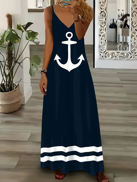 Damen Anker Sommer Print Kleid V-Ausschnitt Ärmellos Unterhose Kleid X-Linie Kleid