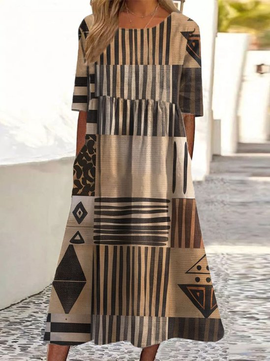 Damen Geometrisch Rundhals Kurzarm Bequem Lässig Maxikleid