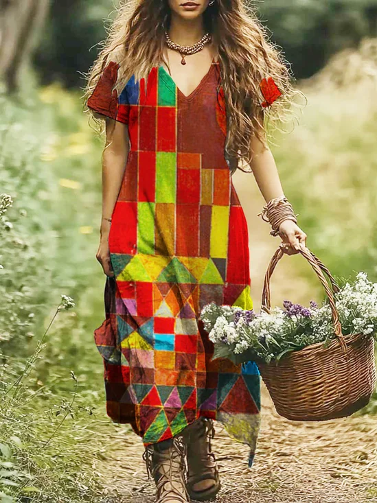 Damen Geometrisch V-Ausschnitt Kurzarm Bequem Lässig Maxikleid