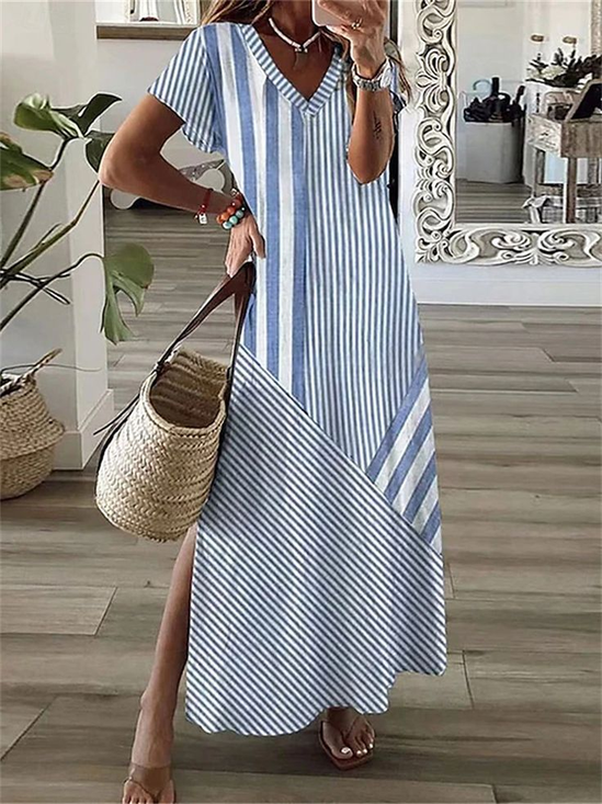Damen Gestreift Sommer Print Kleid V-Ausschnitt Kurzarm X-Linie Kleid