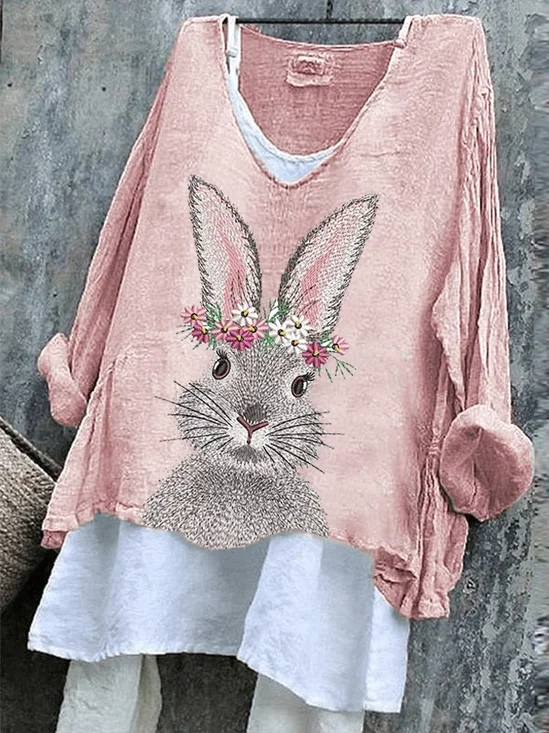 Retro OSTERN (Kaninchen) V-Ausschnitt Langarm T-Shirt