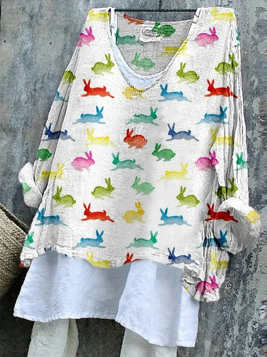 Retro OSTERN (Kaninchen) V-Ausschnitt Langarm T-Shirt