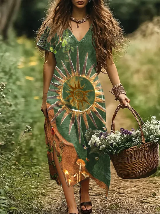 Damen Geometrisch V-Ausschnitt Kurzarm Bequem Lässig Maxikleid