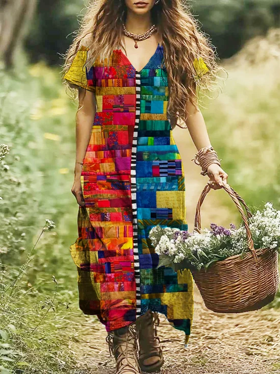 Damen Geometrisch V-Ausschnitt Kurzarm Bequem Lässig Maxikleid