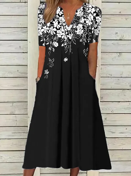 Damen Geblümt V-Ausschnitt Kurzarm Bequem Lässig Print Maxikleid