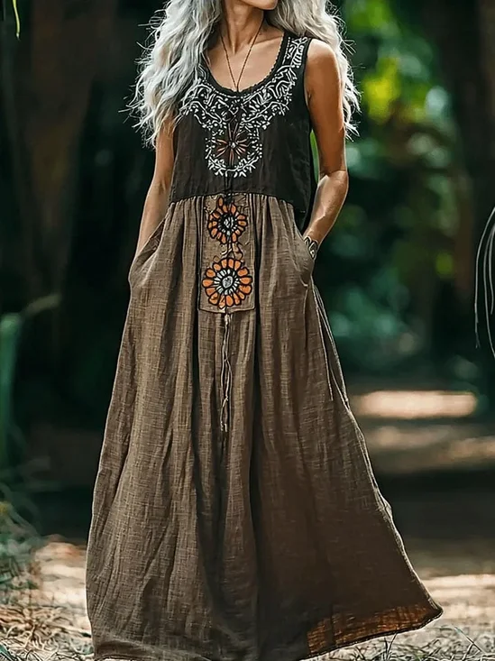 Damen Ethnisch Geometrie V-Ausschnitt Ärmellos Bequem Retro Maxikleid