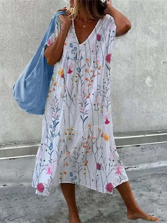 Damen Geblümt V-Ausschnitt Ärmellos Bequem Lässig Maxikleid