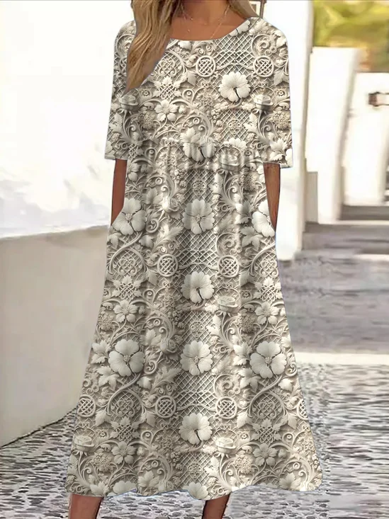 Damen Geblümt Rundhals Kurzarm Bequem Lässig Maxikleid