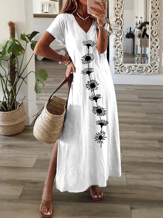 Damen Geblümt V-Ausschnitt Kurzarm Bequem Lässig Print Maxikleid