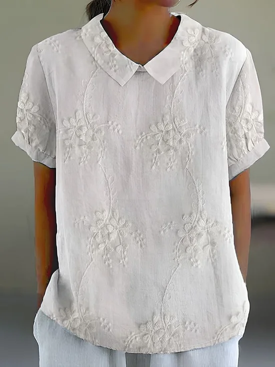 Schalkragen Kurzarm Geblümt Print Leicht Weit Bluse für Damen