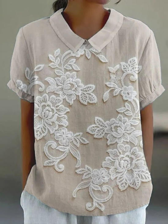 Schalkragen Kurzarm Geblümt Print Leicht Weit Bluse für Damen