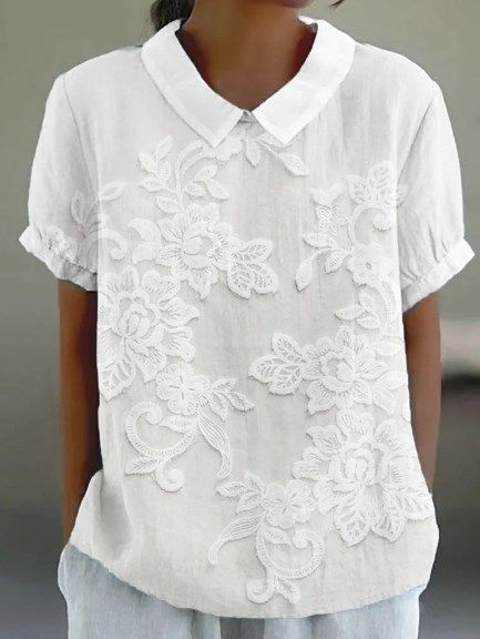 Schalkragen Kurzarm Geblümt Print Leicht Weit Bluse für Damen