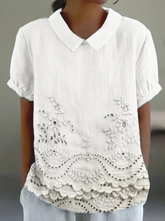 Schalkragen Kurzarm Geblümt Print Leicht Weit Bluse für Damen