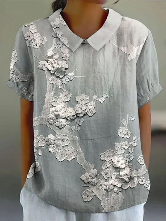 Schalkragen Kurzarm Geblümt Print Leicht Weit Bluse für Damen
