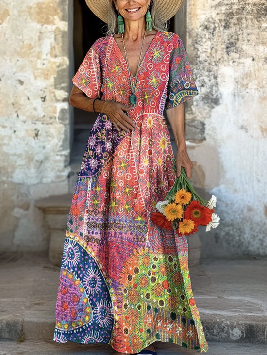 Damen Geometrisch V-Ausschnitt Kurzarm Bequem Lässig Maxikleid