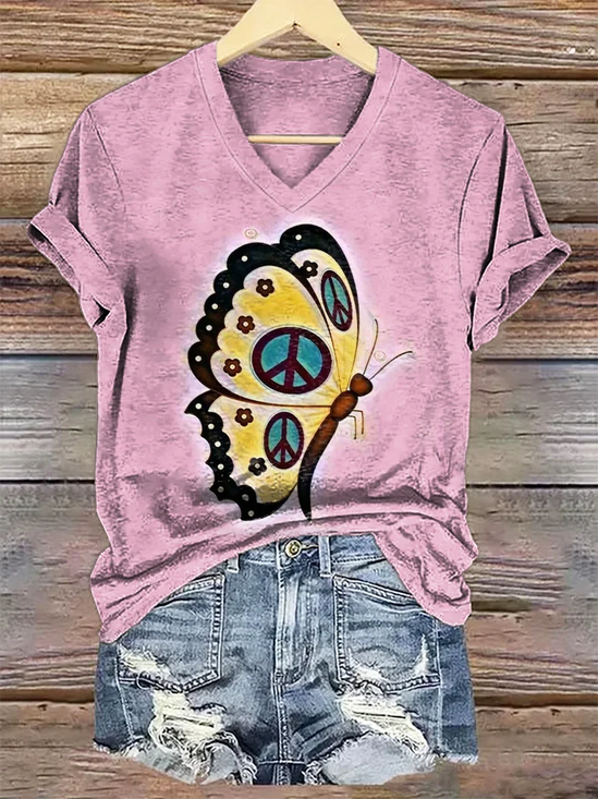 Lässig Schmetterling V-Ausschnitt Kurzarm T-Shirt